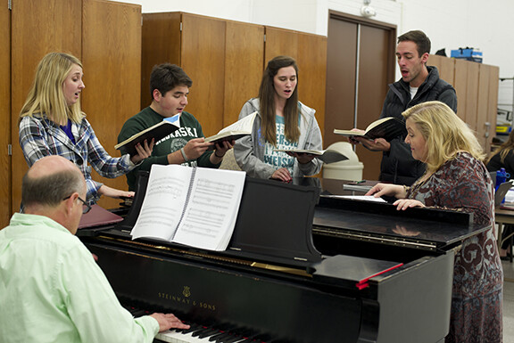 Coordinator of Musical Theatre Studies Alisa Belflower (right) rehearses with (left to right) Jamie Unger, Christian Cardona, Kourtlin Churchman and Brady Foreman with Michael Cotton, piano.