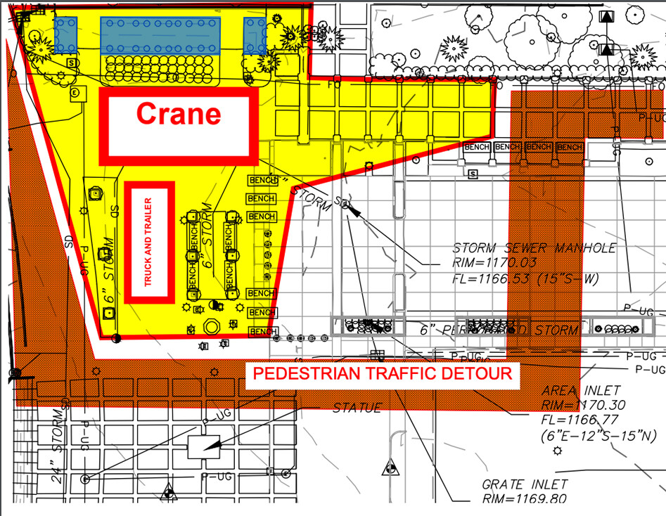 The removal of the Columns and original university gates near Memorial Stadium and Ed Weir Track will begin on May 10. The site will include a fenced off area (yellow) to protect the public as the columns (blue) are removed and hauled to storage. Pedestrian traffic will detour (orange) around the site.