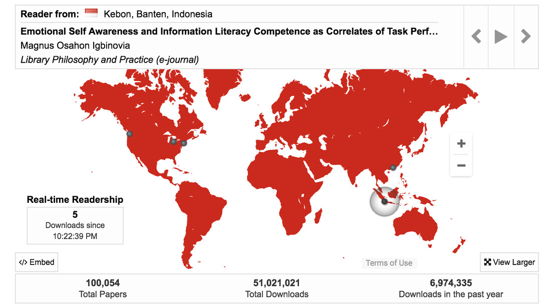 Nebraska's Digital Commons repository features an interactive map that shows paper downloads in real-time. The site recently surpassed the 50 million download mark.