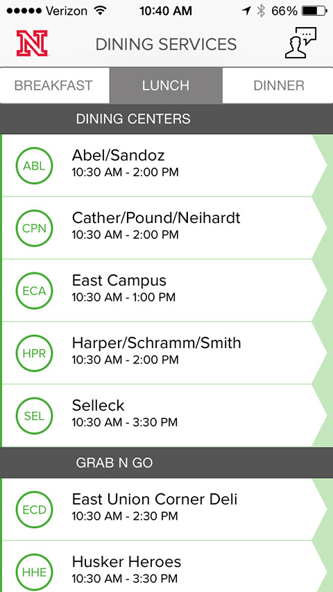 Along with menus, the UNL Dining Services app has information on when University Housing's dining centers are open.
