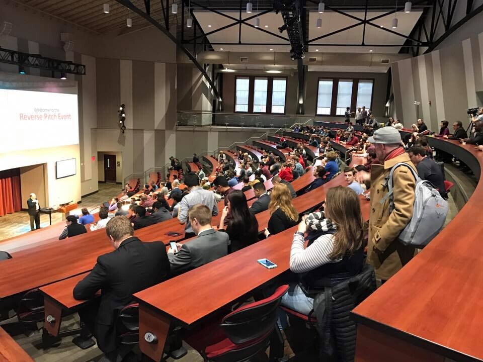 Students and community members gather in the Nebraska Innovation Campus auditorium in January for the Reverse Pitch event.