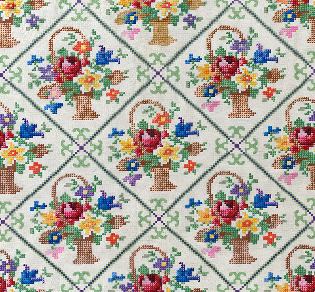 Detail of Grace Snyder's "Flower Basket Petit Pointe" quilt, one of her two designs designated among the 100 best 20th-century quilts by Quilters Newsletter Magazine in 1999. She made the quilt in 1943. (Image No. 7828-8)