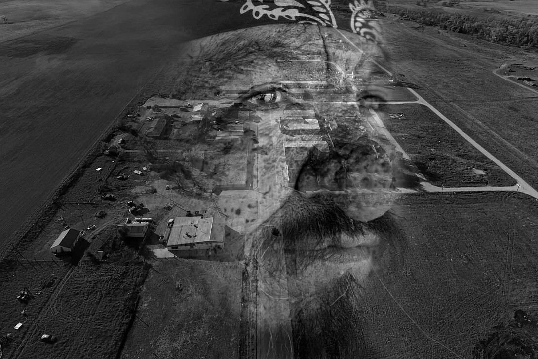 The photo of a Native man superimposed over the village of Whiteclay, Nebraska. A new depth report by journalism students explores the impacts of alcohol sales in the village on the community and Pine Ridge Reservation.
