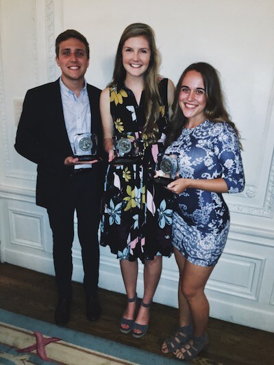 Students (from left) Chris Bowling, Lauren Brown-Hulme and Calla Kessler pose after their receiving Hearst Awards.