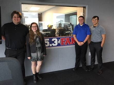 National Broadcasting Society members had the opportunity to tour the CBS radio studios during the South Central Broadcasting Society conference. Pictured (from left) is Nate Muhlbach, Lauren Hubka, Kellan Heavican and Jeremy Davis.
