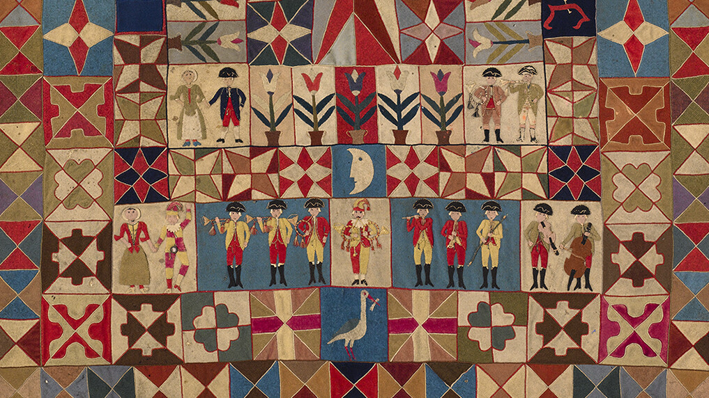 Detail of "Intarsia Quilt with Soldiers and Musicians," which is featured in the "War and Pieced" exhibition at the quilt museum. This quilt was made by a Prussian soldier between 1760 and 1780.