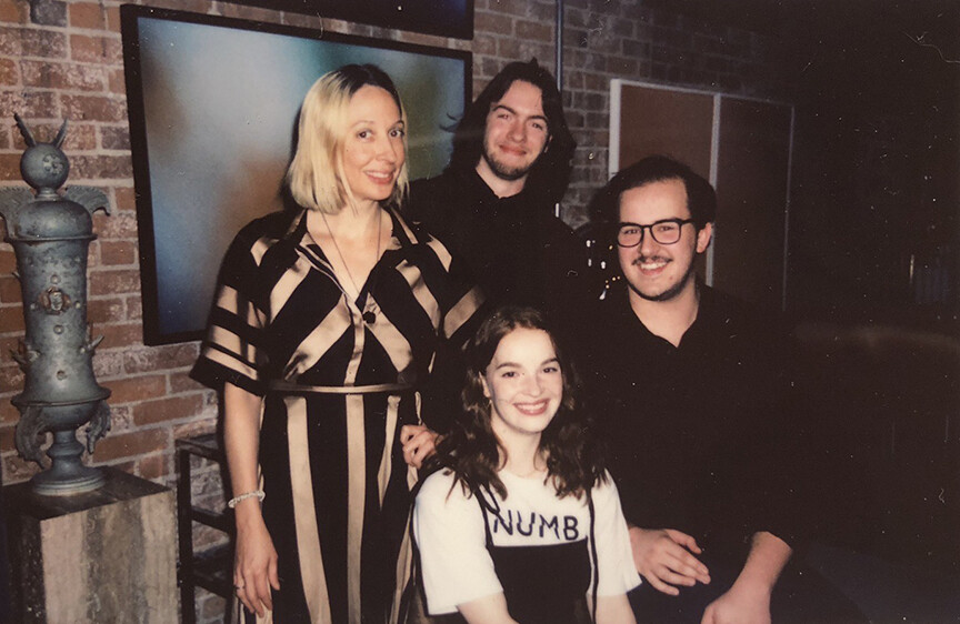 Clockwise from left: Assistant Professor of Emerging Media Arts Ash Smith, Mitchell Guynan, Parker Reil and Ally Hall in Boston. Photo courtesy of Ally Hall.