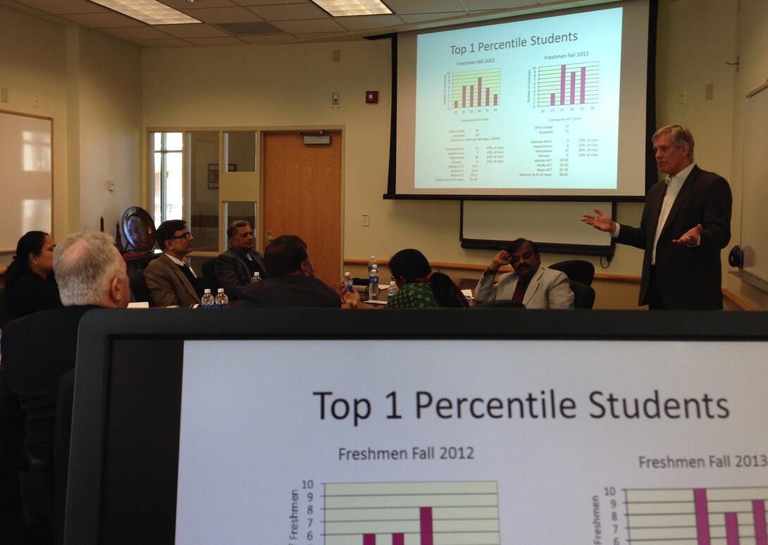 David Keck, director of the Jeffrey S. Raikes School of Computer Science and Management, talks with participants of the Fulbright-Nehru International Education Administrator Program on Oct. 24.