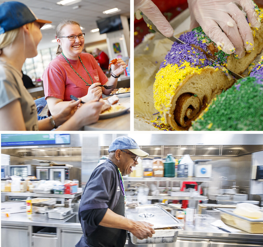 (Clockwise, from top left) Katie Steffen, a junior from Beatrice, eats crawfish prepared for the Mardis Gras meal. The celebration included king cake, which is a Fat Tuesday tradition. Dishes featured during the special meal are family recipes provided by Ron White, shown here smiling while moving a hot pan in the East Campus dining center.