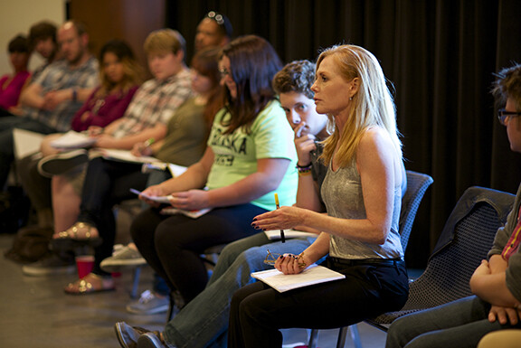 Marg Helgenberger (right) works with students in Laura Lippman's intermediate acting class on Sept. 19.