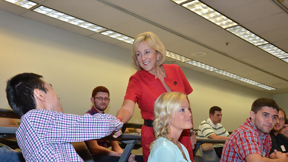 Donde Plowman welcomes new graduate students at the College of Business Administration in this file photo. Plowman is this year’s recipient of the Harlan J. Noddle Award for Distinguished Development Service from the University of Nebraska Foundation. 