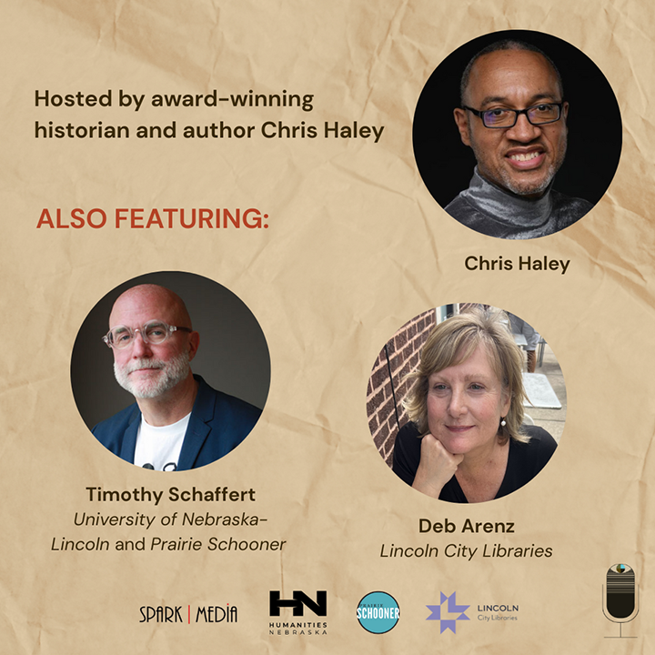 Chris Haley, a black man with black glasses; Timothy Schaffert, an older bald man with a white beard in a blue blazer; Deb Arenz, a white woman with short blonde hair in a black top. All featured speakers.