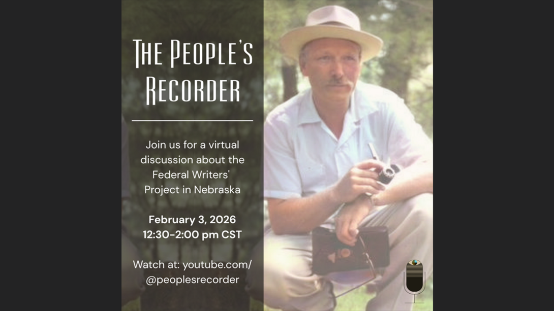 A flyer for a speaker, an older man pictured on the right of the flyer information, in a white linen shirt, khakis and a tan hat.