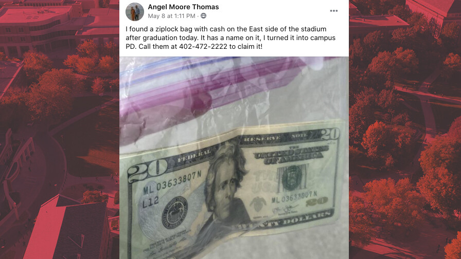 A UNL Parents Association Facebook page post by Angel Moore Thomas outlined the cash find. Handing the baggie over to University Police helped Elizabeth Schuster find the lost funds.