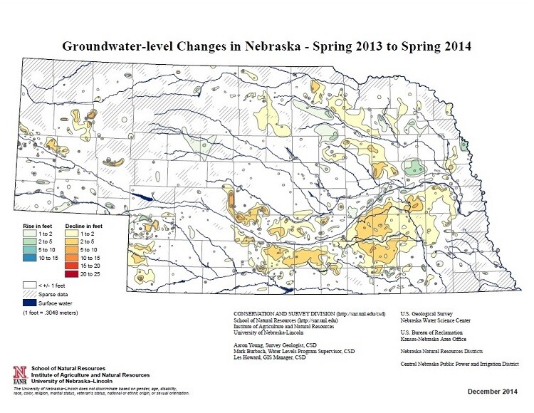 On average, water levels declined half a foot from spring 2013 to spring 2014, compared to average declines of 2.55 feet from spring 2012 to spring 2013. (Map courtesy Conservation and Survey Division)