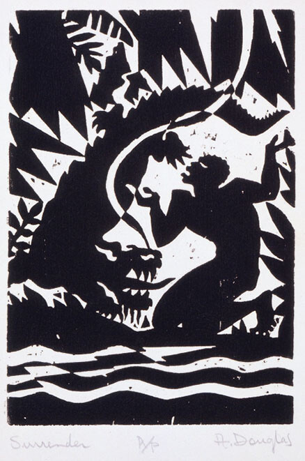 "Surrender," a block print by Aaron Douglas.