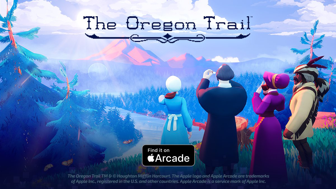 Lead image of the Apple Arcade Oregon Trail game, showing characters looking westward.