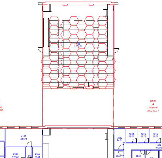 Red hexagons show where students can sit while observing social distancing guidelines of six feet within a campus classroom. Maps like this one are being developed for every learning space on campus as the university prepares for the return to on-campus instruction this fall.