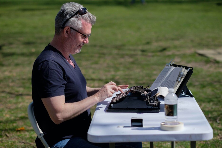 Image credit  Tim Youd retyping Mary McCarthy’s The Group; 487 pages typed on a Remington No. 3; Vassar College, Poughkeepsie, NY, April – May 2018. Photo by Mariana Vincenti for The New York Times.