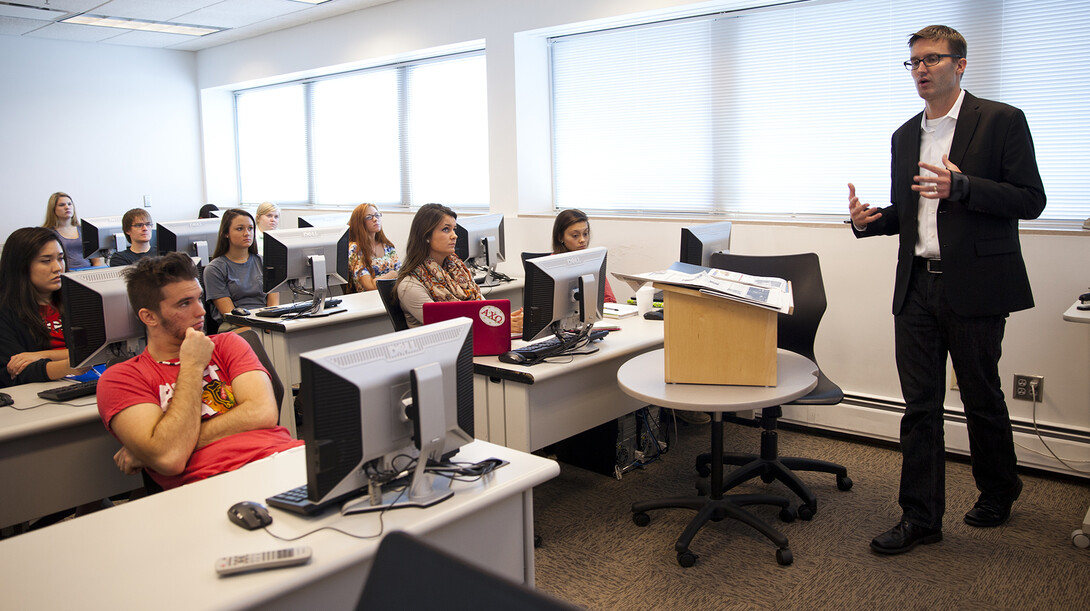 Matt Waite, professor of practice, leads a class discussion in UNL's Andersen Hall. Waite is one of 90 selected to take part in a media innovation event organized by Al-Jazeera.